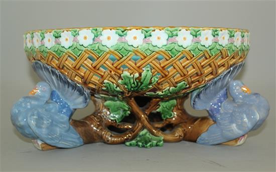 A Minton majolica pierced dove bowl, date code for 1870, 32cm diam, restorations